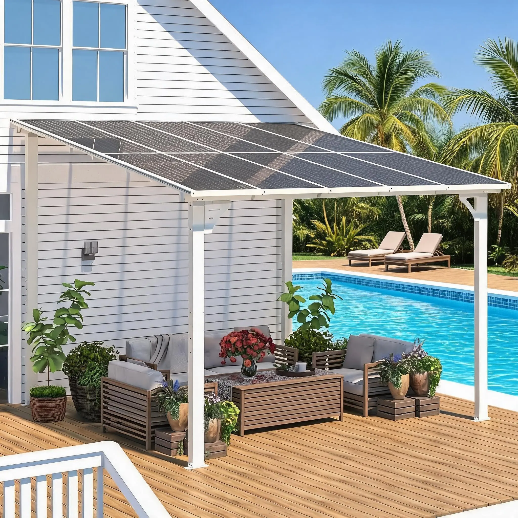 GARVEE 10x10Ft Wall Mounted Gazebo, Large Wall Mounted Gazebos on Clearance, Outdoor Lean to Gazebo, Hard Top Lean to Gazebo Pergola with Roof & Gutters, Outdoor Gazebo for Patio, Deck, Porch, White