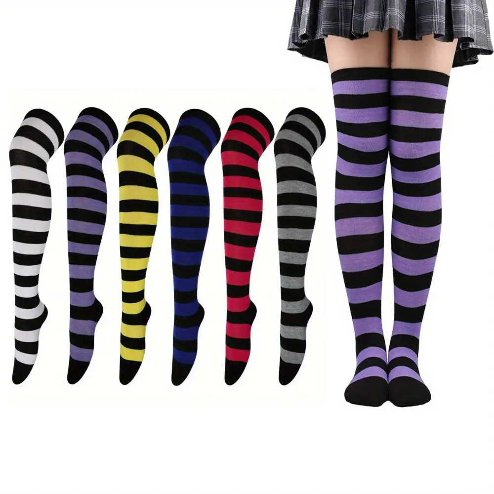 6 Pairs Striped High Thigh Socks, Over Knee Thin Tights Long Stocking for Women Leg Warmers For Casual,Cheerleader,Cosplay,Party,Sports