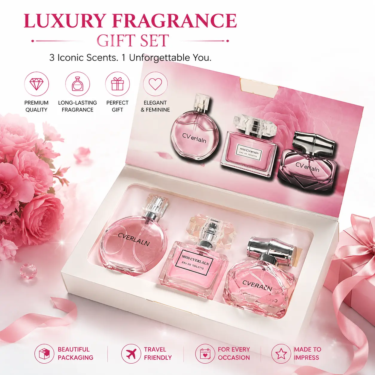 CVerlaln Women's 3-Piece 90ml Flora Fragrance Gift Set - Long Lasting Floral Eau de Toilette, Pink Long Lasting Women Perfumes, Ideal Gift for Her