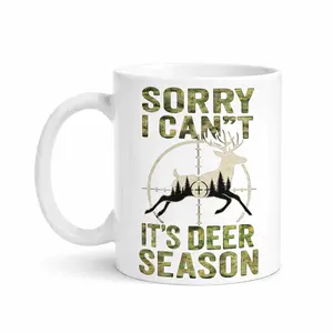 Funny Deer Hunting Coffee Mug, “Sorry I Can’t It’s Deer Season” Camo Typography with Buck Deer in Rifle Scope Forest Design, Gift for Hunter, Dad, Outdoorsman for Hunting Season