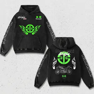 Retro Kawasaki Ninja H2 Racing Hoodie Washed Black, MotoGP World Championship Enthusiast, Motorcycle Off Road Dirt Bike Graphic Streetwear, Heavyweight Biker Sweatshirt, Retro Moto Gear Motorbike Apparel Men’s Aesthetic Y2K Racing Jacket Style