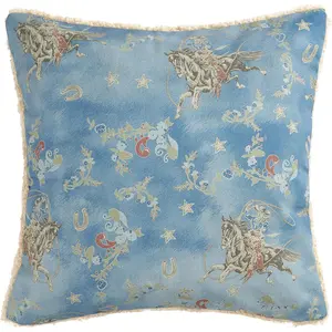 Tasha Polizzi  Western Throw Pillow, 18x18 inch, Washed Denim Teddy-Backed Pillow, Soft Boucle Reverse Side, Bronc  Floral Horseshoe Print, Western Pillow for Bed, Couch, Sofa