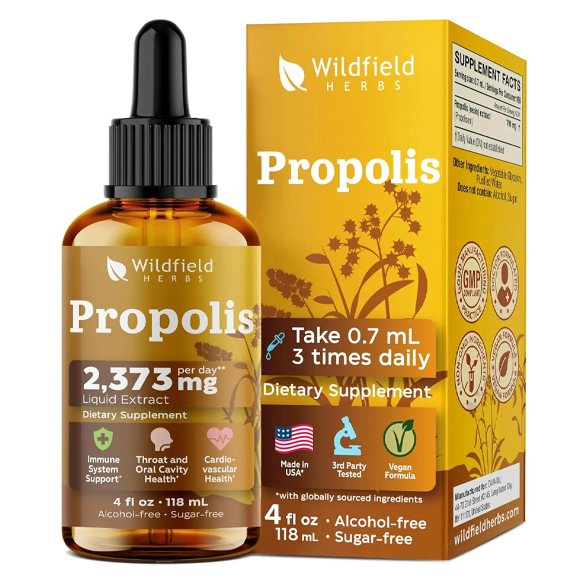 WILDFIELD HERBS 4 oz Propolis Extract Liquid Drops 2000mg (Propolisum) Herbal Supplement, 160 Servings, Alcohol-Free Tincture