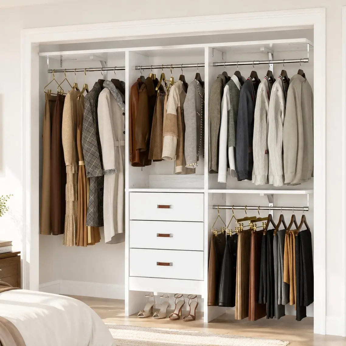 5FT Closet System with 3 Fabric Drawers, 60''W Walk-in Closet Organizer with 4 Adjustable Hanging Rods, Heavy Duty Wardrobe for Bedroom