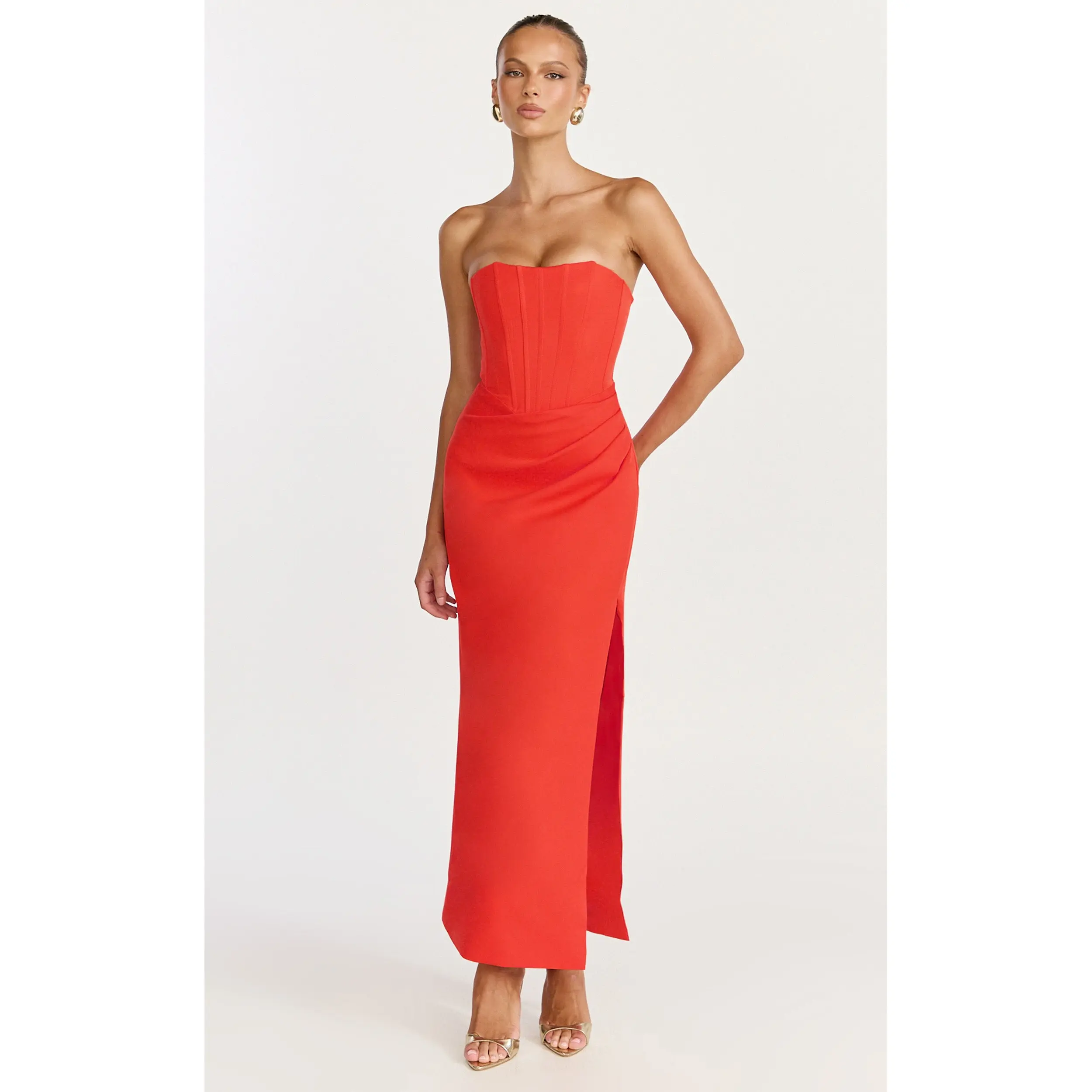 Avery Midi Dress - Strapless Draped Side Split Dress in Orange