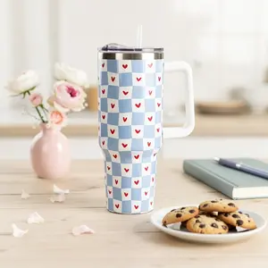 Blue Checkered Heart 40oz Tumbler with Handle, Insulated Stainless Steel Travel Cup, Cute Coquette Aesthetic Gift for Her
