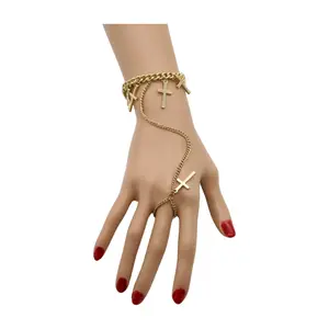 TFJ Women Fashion Jewelry Gold Metal Hand Chain Bracelet Cross Charm Ring Connected Jewelry