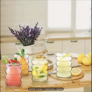 DenverShoppers - 4pcs Vintage Cocktail Glass Set - High Borosilicate, Aesthetic Bubble Design Transparent Cups for Chilled Beverages with Lime & Orange Slices Accents, Glass, Water Cup, Crystal glassware