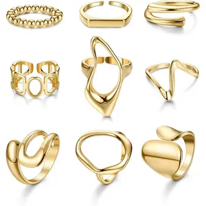 MILACOLATO 9 Pcs Gold Plated Chunky Rings for Women 18K Plated Gold Ring Set Dome Thick Open Rings Adjustable