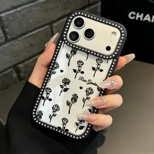 Rose Garden Rhinestone Phone Case Black Floral Print Design Compatible with iPhone 17 Pro Max 16 Pro Max 15 Pro 14 13 12 11 Series Simple Color Matching