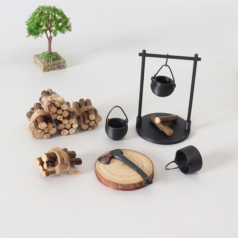 BougeRV  Mini Campfire & Teapot Miniature Statue – DIY Craft/Desktop Photo Prop, Wood/Plastic/PLA Decor Gift for Home, Kitchen, Office, or Garden