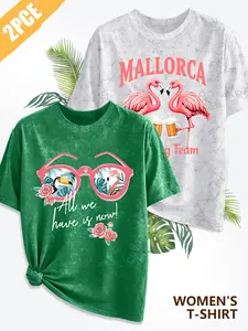 2Pcs Women's Crew Neck Acid Wash T-Shirt, Flamingo Tropical Print, Multiple Colors Available, Machine Washable, Spring & Summer Tops, Soft Skin-Friendly Fabric, Daily Versatile, Fashion Design