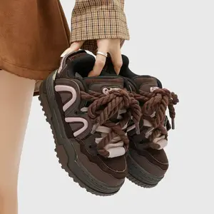 Q-AND Retro Platform Sneakers, Women's Casual Sneakers, Women's Platform Skate Shoes | Low-top Cushioning, Thickened Design, Chocolate Brown Color Blocking With Sweet Pink | Breathable Sneakers | Fashionable Sneakers | Thick Rope Lace-up Casual Shoes