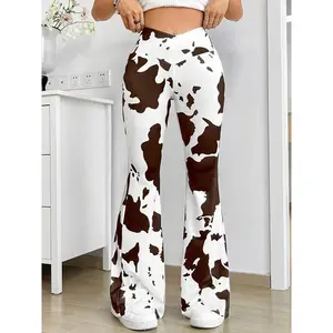 [Cow Print Flare Leg Pants] Cow Print Flare Leg Pants, Elegant High Waist Forbidden Pants For Spring & Summer, Women's Clothing