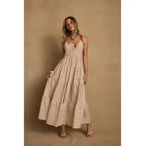 Lorena Olive Striped Linen Maxi Dress - Sleeveless Spaghetti Strap Summer Casual Women's Wear Lightweight Earthy Brown Stripes