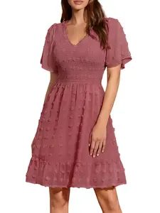 BTFBM Women's V Neck Casual Vacation Dress Short Sleeve Smocked Swiss Dot Ruffle Mini Beach Summer Dress 2026