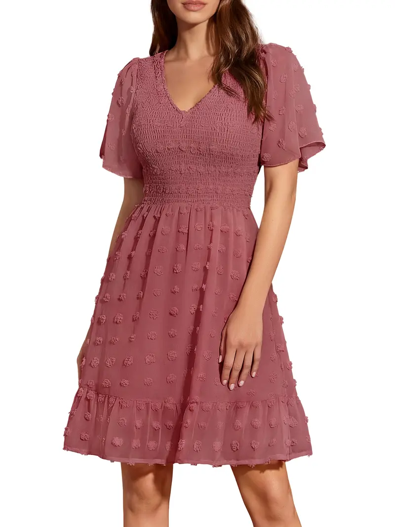 BTFBM Women's V Neck Casual Vacation Dress Short Sleeve Smocked Swiss Dot  Ruffle Mini Beach Summer Dress 2026 - TikTok Shop