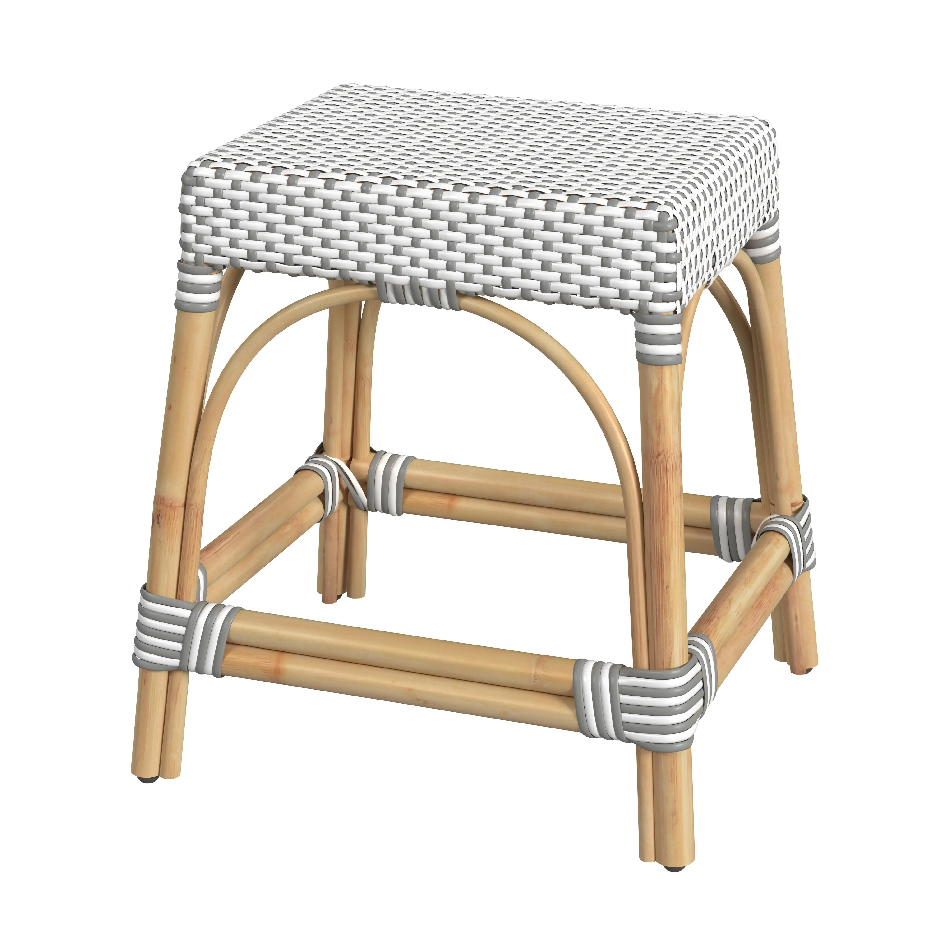 Butler Specialty Company Robias 18 in. Seat Height Rectangular Rattan Low Dining Stool, Gray and White Dot