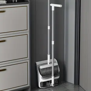 Upgraded Broom and Dustpan Set | Swivel Head & Reinforced Steel Handle | 4-Row Bristles with Self-Cleaning Teeth | Standing Foldable Storage
