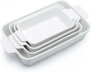 Ceramic Casserole Dishes for Oven, 4-Piece Ceramic Bakeware Sets, Rectangular Baking Pan Set with Handles for Baking, Casserole, Kitchen, Perfect Wedding Gift, White