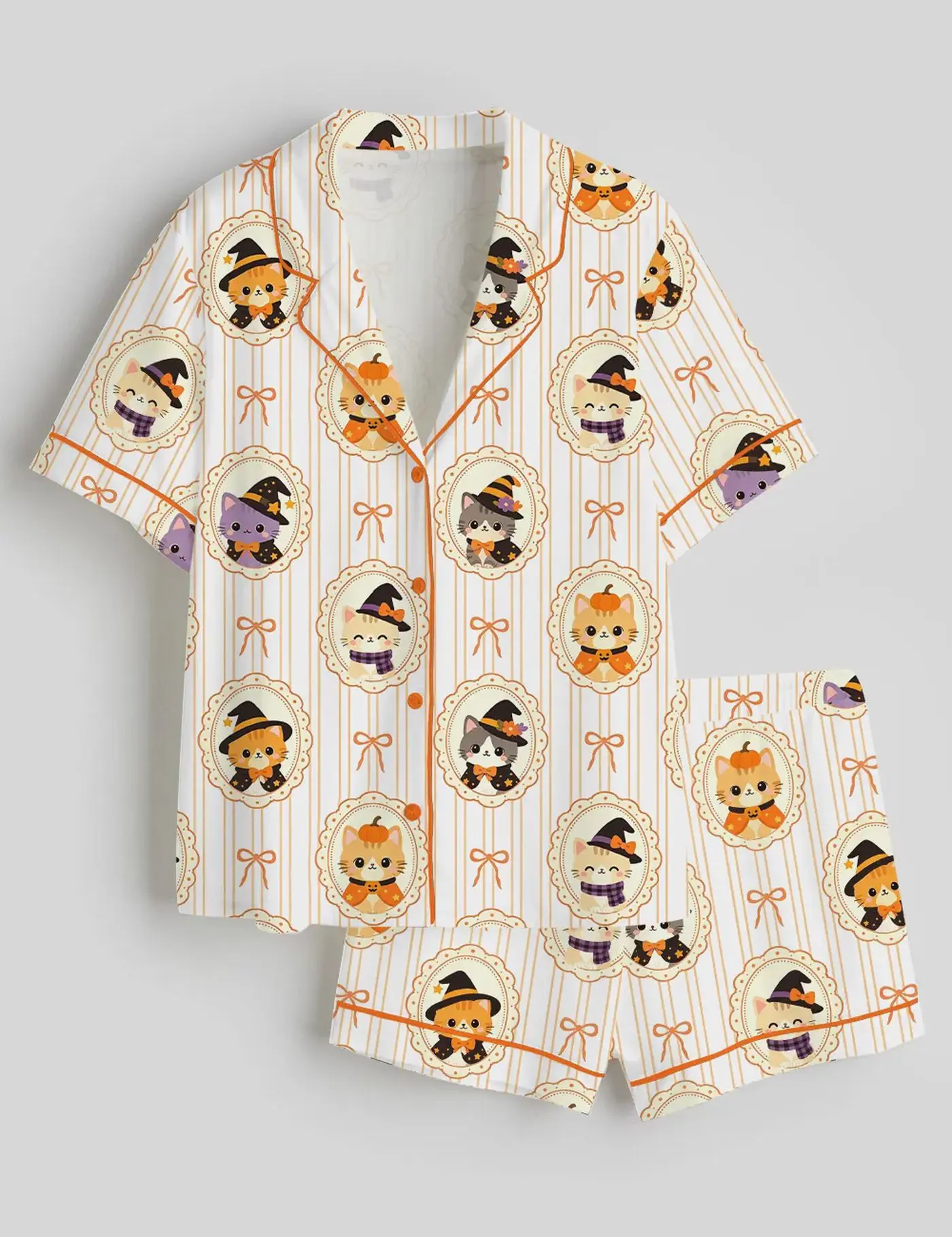 Women's Halloween Cat Satin Pajama Set Cute Witch Kitty Sleepwear