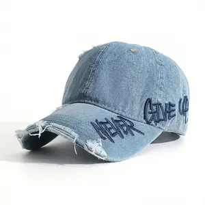 Retro Ripped Edge Blue Denim Cap| Unisex Wide Brim Sun Hat with Side Embroidery| Trendy Y2K Streetwear