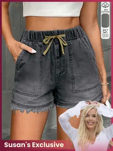 Susan's Exclusive Women's Plain Loose-Fit Denim Shorts, Mid Waist Adjustable Drawstring Waist, Lightweight Casual Pants for Daily Wear, Beach Vacation Travel
