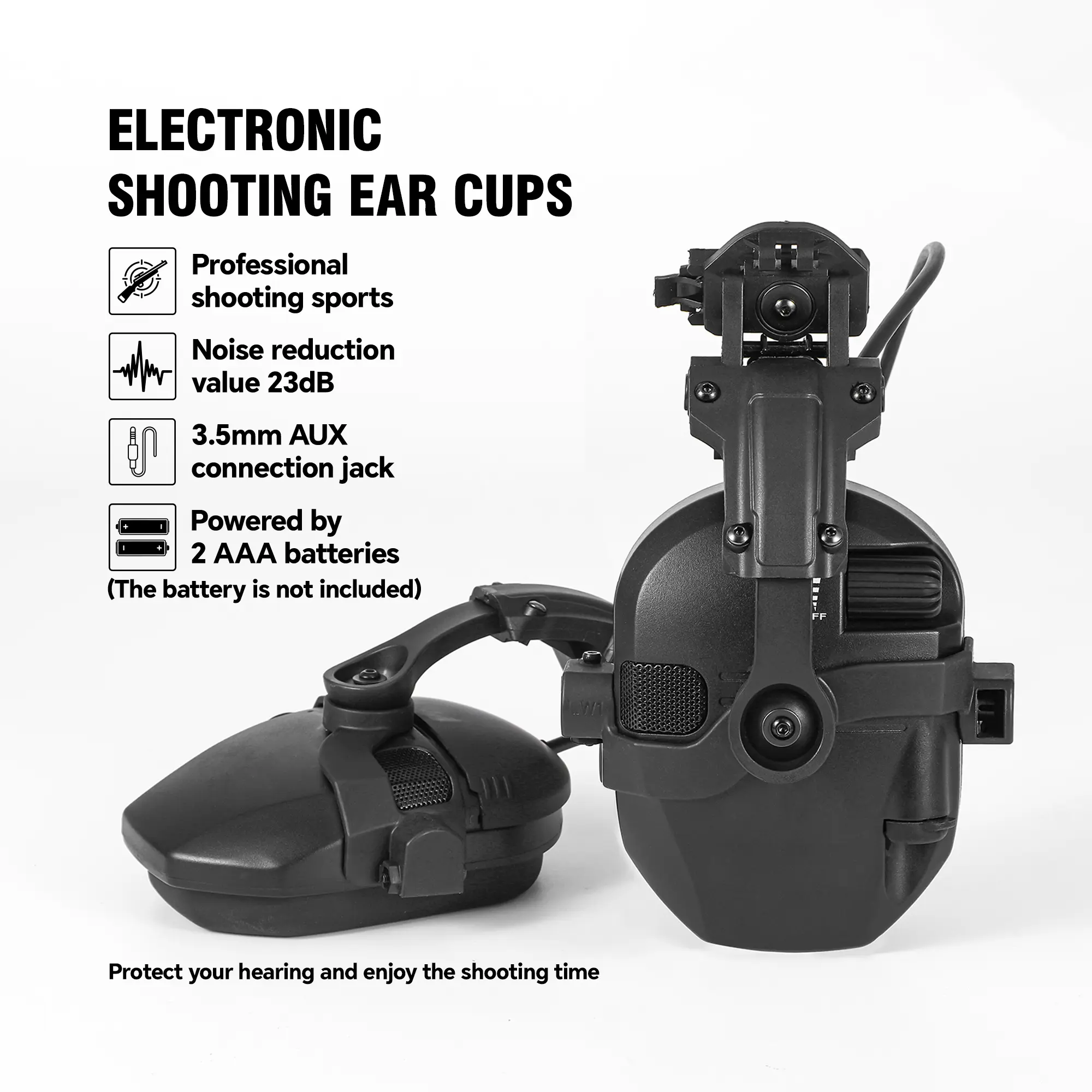 Tactical Low Profile Electronic Earmuffs with 23 dB NRR, Active ANC, Sound Amplification, 3.5mm Aux Connection Jack, Full Dynamic Range HD Speakers, Composite Housing for Hunting, AAA Compatible, Shooting, Noise Reduction, Abs, Outdoor, Low Noise, Audio I