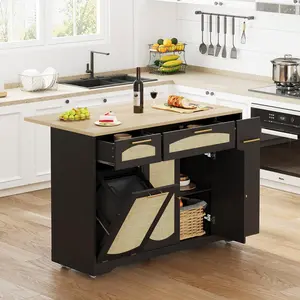 Rattan Rolling Kitchen Island Table on Wheels with Drop Leaf, Tilt Out Trash Can Cabinet with 2 Door, Storage Cabinet, 2 Drawer, Spice Rack, Kitchen Cart, 53.1" Wide, Black