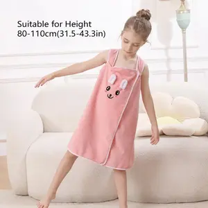 Kids Bath Towel Wrap with Cute Bunny Ears, Contemporary Microfiber Cartoon Anime Bath Skirt for Girls, Ultra Compact Woven Towel Robe, Age 6-12 - 250gsm, Casual Comfy Pajama