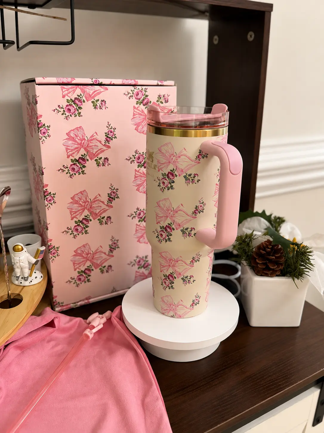 Pink Floral Bow 40oz Tumbler with Handle | Vintage Rose Pattern Travel Mug | Insulated Stainless Steel Cup