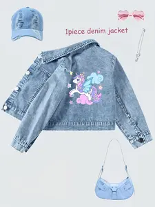 Girls' Outdoor Casual Fashion Button Denim Jacket Coat, Unicorn Print, Light Blue Washed Fabric, Breathable Classic Collar, Ages 1-8