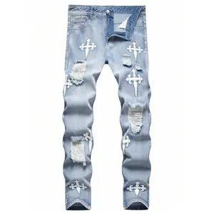 Men's Fashion Embroidered Cross Straight-Leg Jeans, Youth Street Cross Embroidered Straight-Leg Jeans, Men's Ripped Straight-Leg Jeans For All Seasons, Men's Jeans, Emo Style