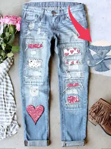 Women's Valentine's Day Distressed Mid-Waist Boyfriend Fit Washed Loose Denim Heart Jeans Elastic Waistband Breathable Comfort Fabric All Seasons Wear