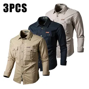 3-pack men’s outdoor casual sports long-sleeve shirts made from pure cotton fabric, featuring multiple pockets and a lightweight fit—ideal for hiking and fishing in spring and autumn,Summervibes