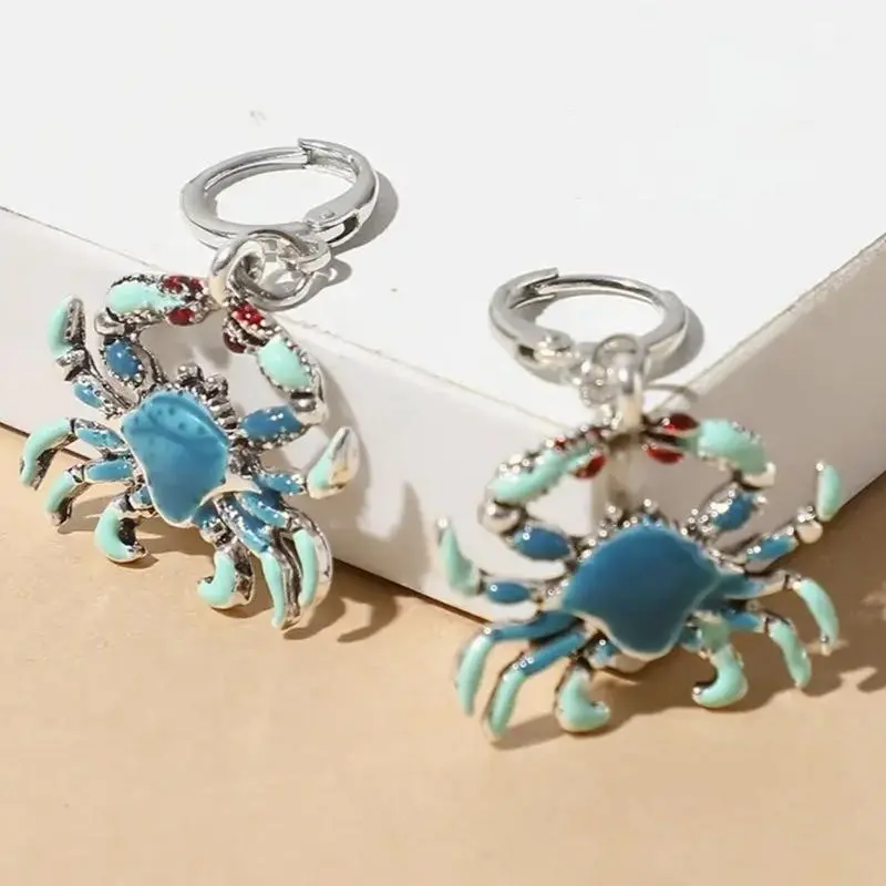 Enamel Crab Charm Huggie Hoop Dangle Earrings, Ocean Tropical Beach Themed Drop Jewelry, Lightweight Silver Plated Summer Accessory For Women Vacation Daily Outfit Holiday Gift