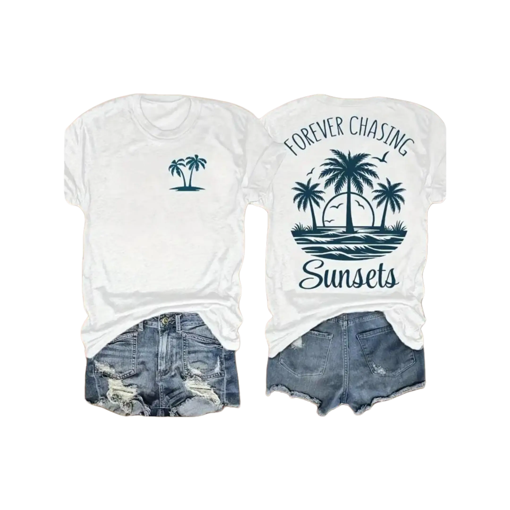 Women's 'Forever Chasing Sunsets' Graphic T-Shirt, Cute Coastal Summer Vintage Cotton Top with Short Sleeves for Beach Travel, Figure