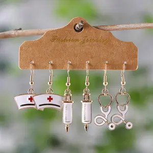 3 Pairs of Vintage Nurse'S Day Nurse Cap Stethoscope Syringe Drop Earrings Set Women'S Nurse'S Day Festival Ear Ornaments Gift