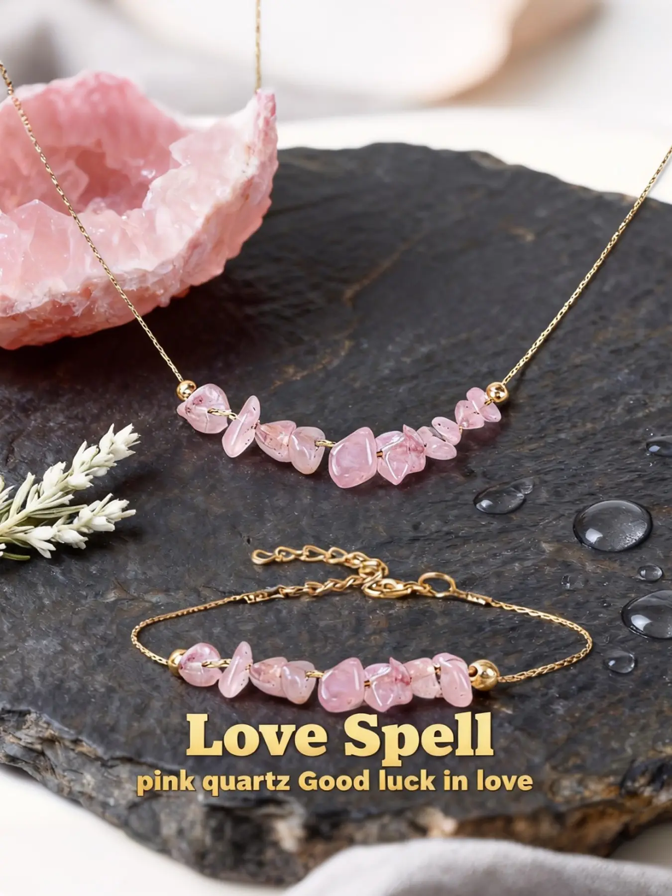 Natural Quartz Chips Necklace Bracelet Set, Love Spell Good Luck in Love, Love Charm, Clavicle Chain Wrist Jewelry, Casual Occasion, Auspicious Events