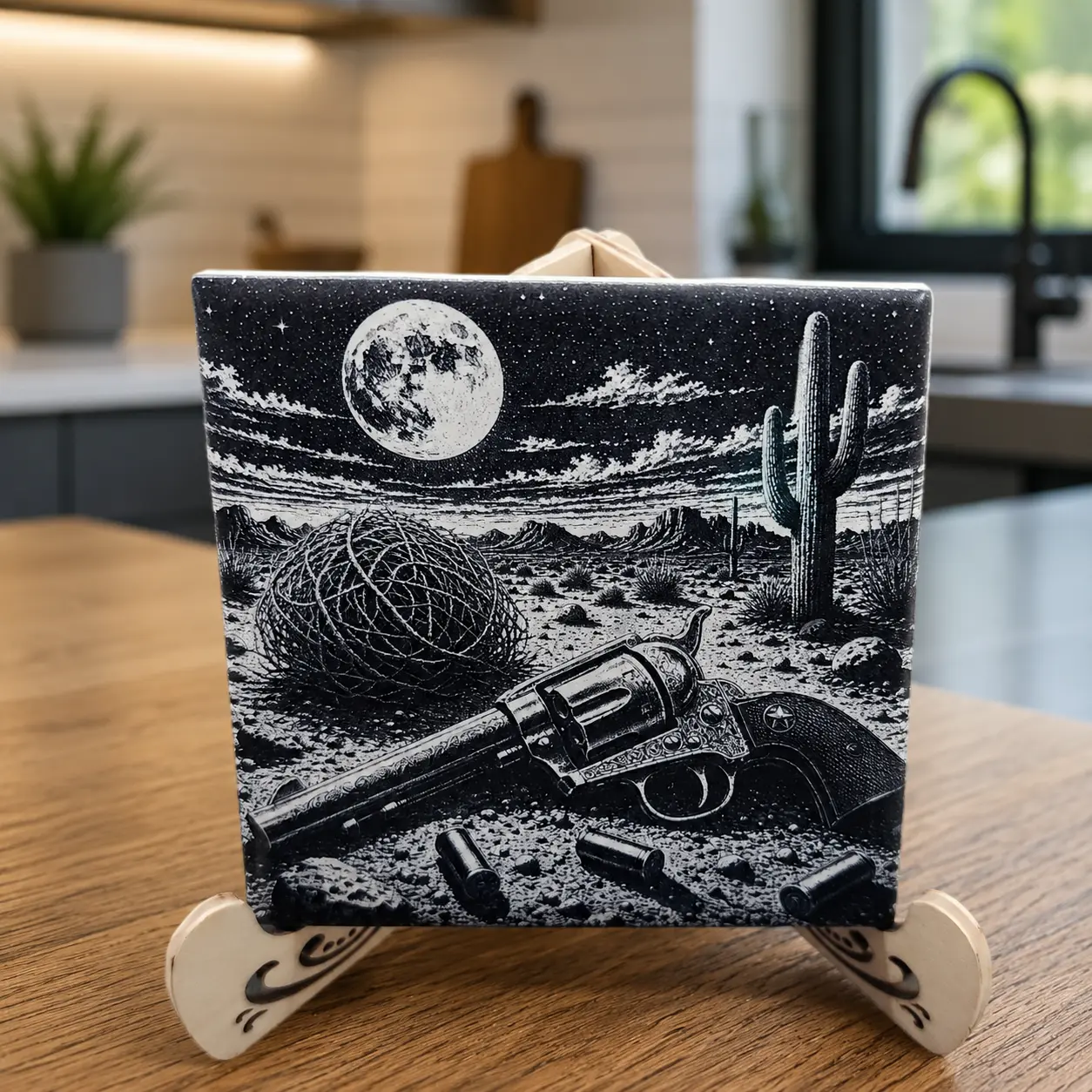 Western Themed Laser Engraved Ceramic Tile Coasters with Soft Cork Backer Includes Wood Display Box for Home Decor