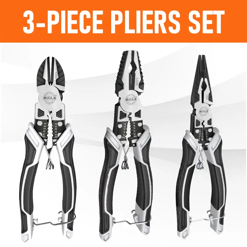 3-piece pliers，9-in-1 multi-purpose wire stripping pliers, 8.54-inch long-nosed pliers, 8.39-inch electrician's pliers, 7.6-inch angled side-cutting pliers; constructed from CRV steel，ergonomic TPR handles; for home repairs and DIY projects