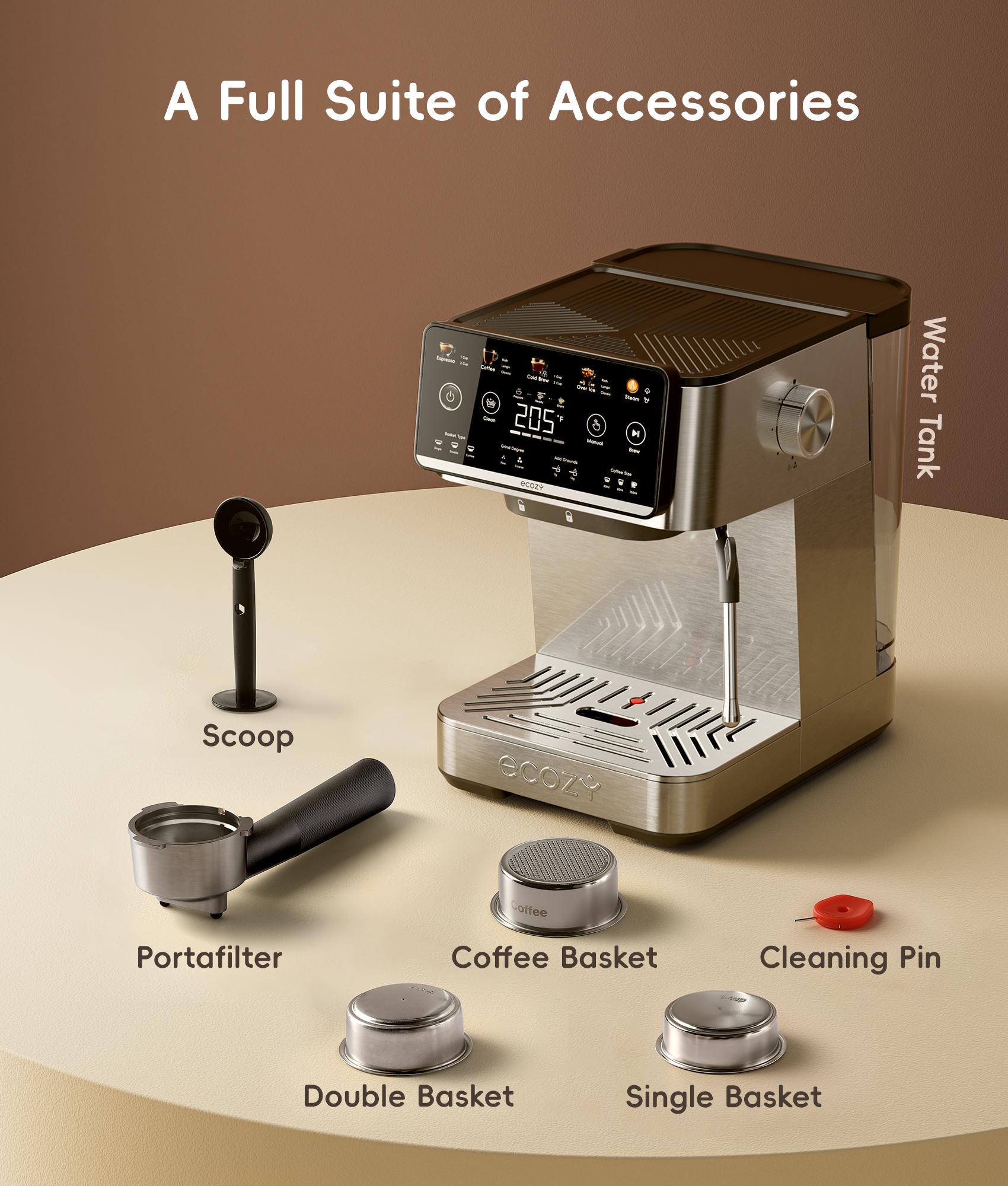 [Mother&rsquo;s Day] ecozy 4-in-1 Espresso Machine  LED Touch Screen, 20 Bar Pump - Home Coffee Bar, Drip Coffee, Cold Brew and Over lce Machine, Intergrated Milk Frother, Stainless Steel, Brezzano Elite Series for Cappuccinos, Lattes, Americanos
