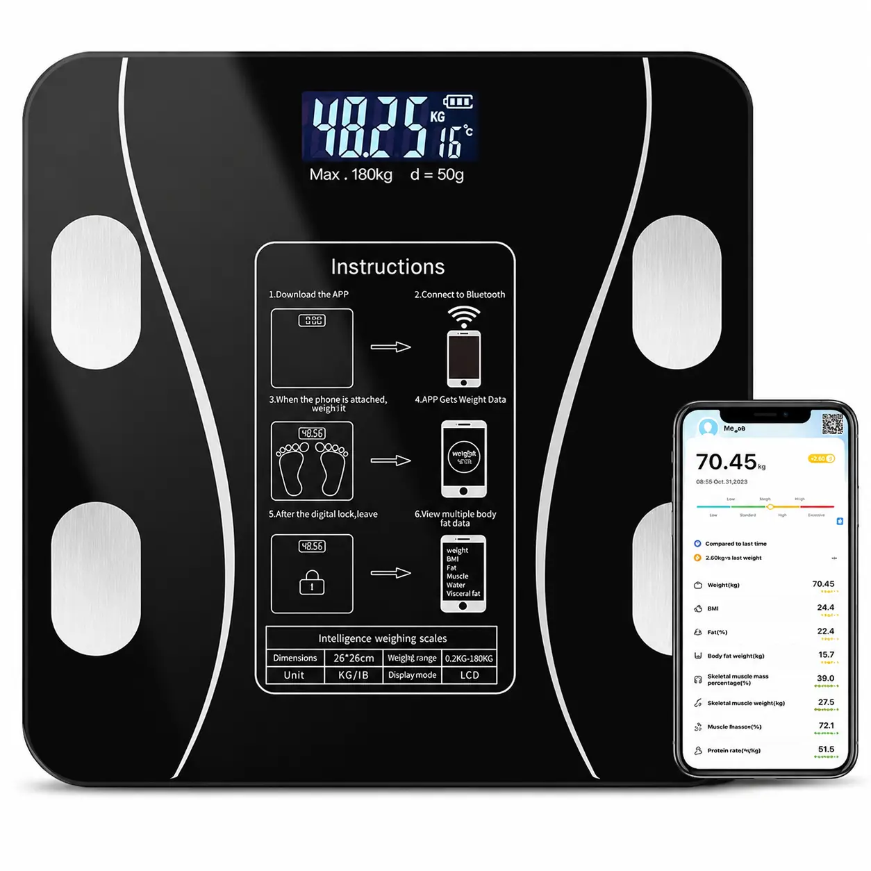 Bluetooth Smart Electronic Bathroom Scale - High-Precision Intelligent Body Fat Tracking BMI Monitor, App Control Health Analyzer with Smartphone App, 400 lbs Capacity, Body Fat Tracking Bathroom Scales, High-Precision Bathroom Scales