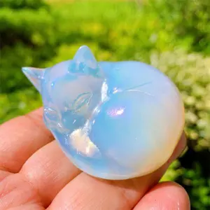 Cute Opalite Sleeping Cat Crystal Healing Energy Crystal Cat Collection Hand Carved Crystal Cats Statue Home Decor