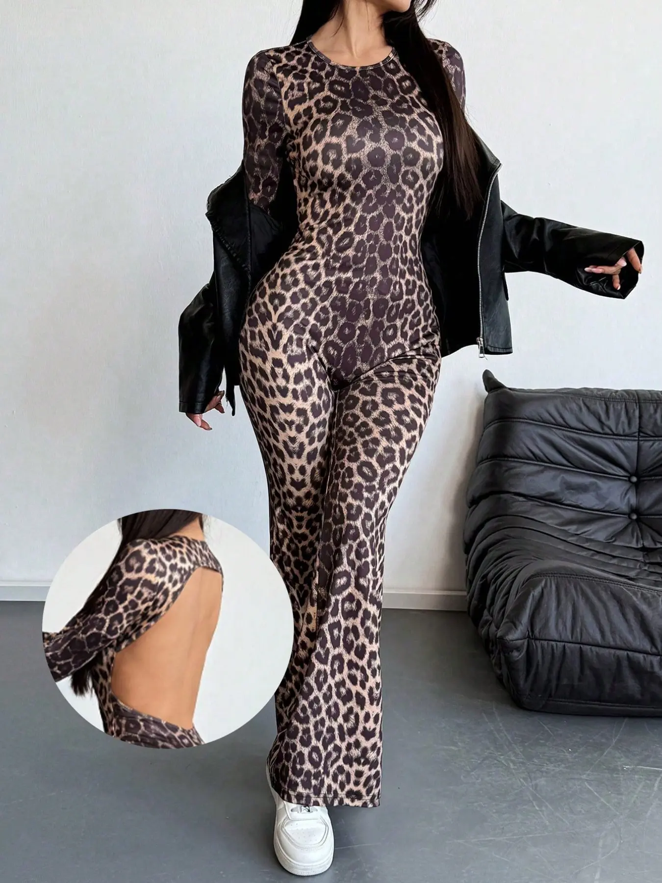 Women's Sexy Leopard Backless Long Sleeve Fitted Jumpsuit, Womenswear, Vintage Flared Pants Style, Slimming Leg Shape, Punk Y2K Streetwear, Perfect for Daily, Casual, Parties, and More