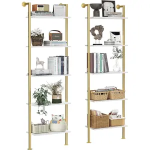 5-Tier Bookshelf Solid Wood Narrow Bookcase Set of 2 Wall Mount Ladder Storage Rack for Living Room Bedroom Bathroom White and Gold Utility Shelf
