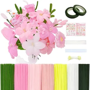 601PCS Complete Pink Pipe Cleaners Flower Kit Pastel Pipe Cleaners for Flowers, DIY Craft Supplies for Projects, 6 Colors with Floral Wires, Tape, Glue Sticks, Ribbon, Stamen, Manual & Video Tutorial