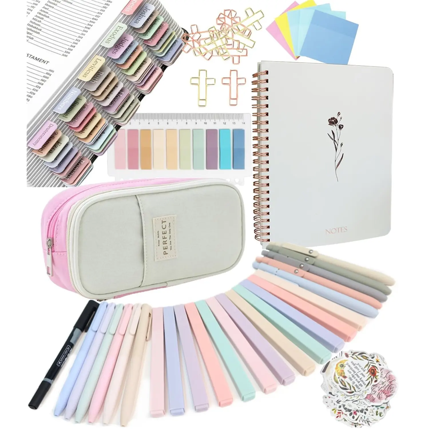 Bible Journaling Kit for Beginners - Bible Study Supplies & Bible Journaling Supplies with Bible Tabs, No Bleed Bible Highlighters, Pens, Paper Clips, Bookmark, Sticky Stickers, Pencil Case - Bible Journal Notebook, Christian Office Stationery Gift Set