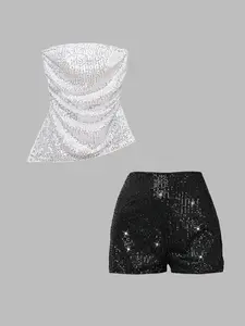 Women's Asymmetric Hem Top and Shorts Set with Sequins, Perfect for Parties, Christmas, Music Festivals, Holiday Celebrations