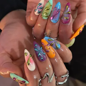 Handmade Iridescent Y2K Press On Nails | Chrome Line & 3D Drop Art in Rainbow Gradient | Trendy Futuristic Nail Design